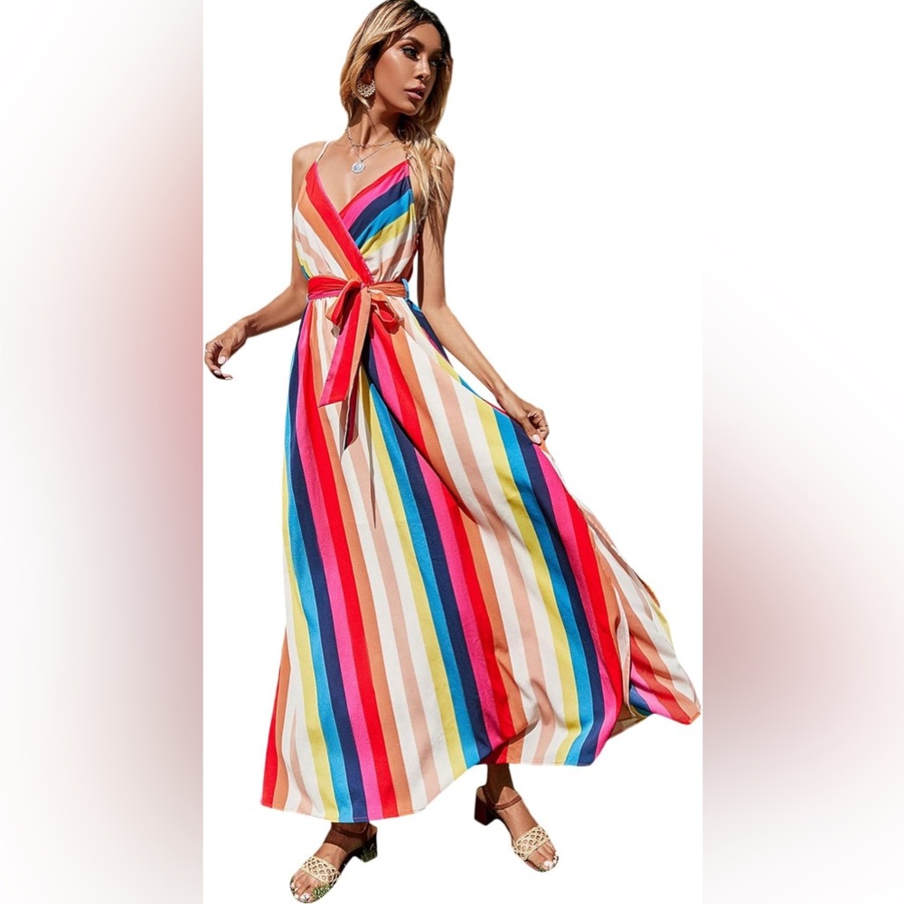 SHEIN Multicolor rainbow vertical Striped sleeveless Maxi Dress tie belt small